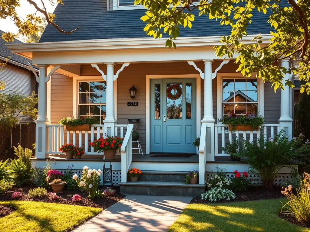 A charming coastal retreat in a North Port neighborhood, with a beautifully landscaped garden and a cozy front porch. The image should evoke a sense of warmth and relaxation.