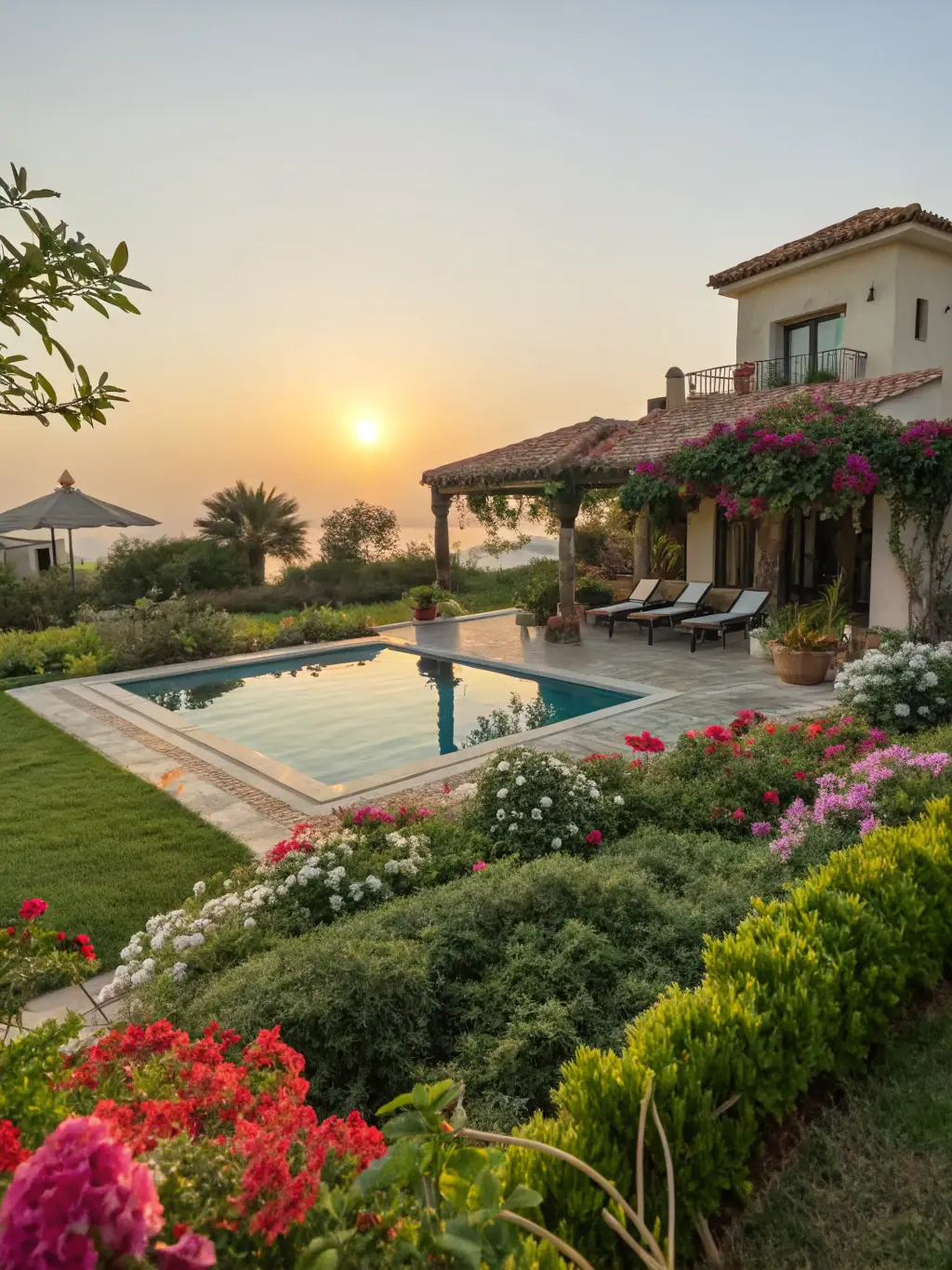 A private outdoor pool and patio area with lush landscaping in a luxury home in a golf course community in North Port, Florida.